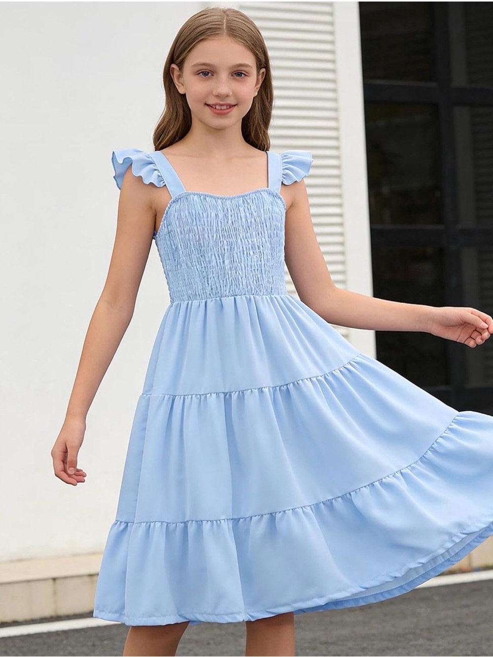 Hayden Girls Tiered Summer Sundress M Sky Blue Tencel Smocked Ruffled Cottage